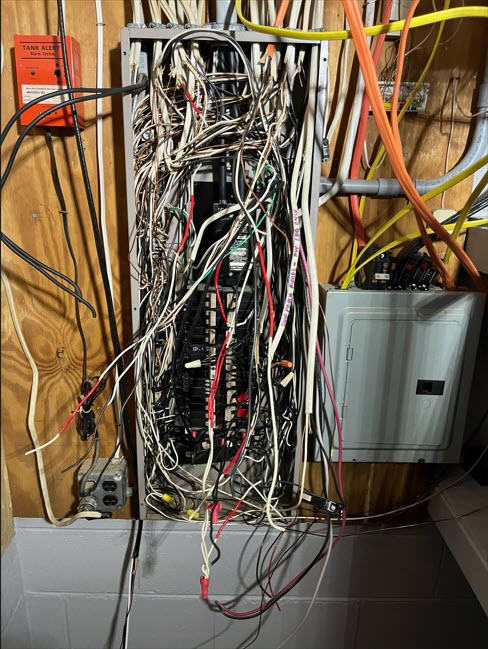 Dangerous electrical breaker panel. Dangerous electrical breaker panel.